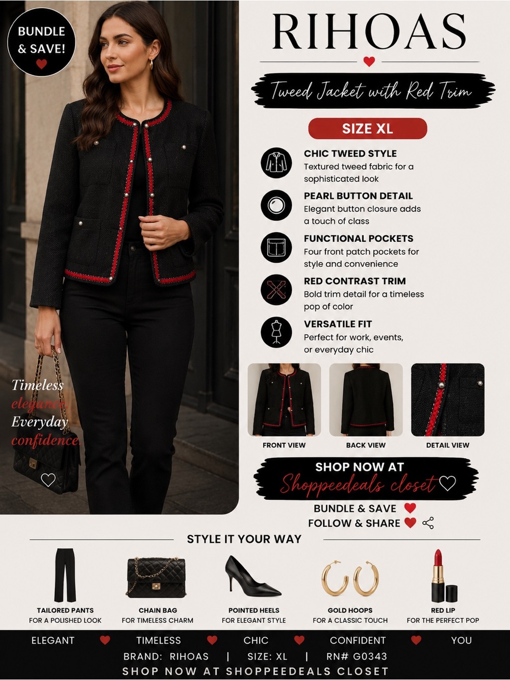 RIHOAS Black Tweed Jacket with Red Trim & Pearl Button Detail | Parisian Chic